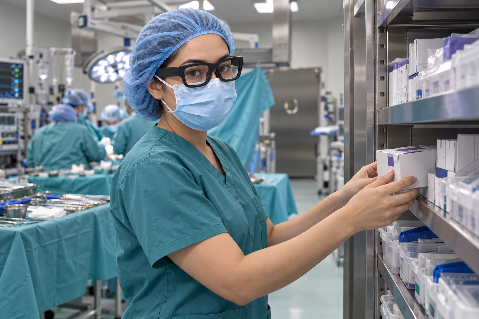 A circulating nurse wearing smart glasses takes a box of sutures from a supply shelf