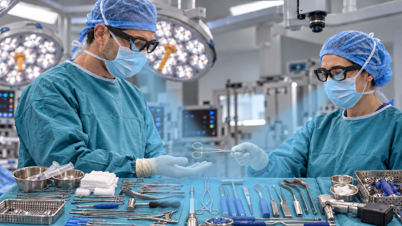 A surgeon and a scrub nurse, both wearing smart glasses, pass an instrument over the instrument table
