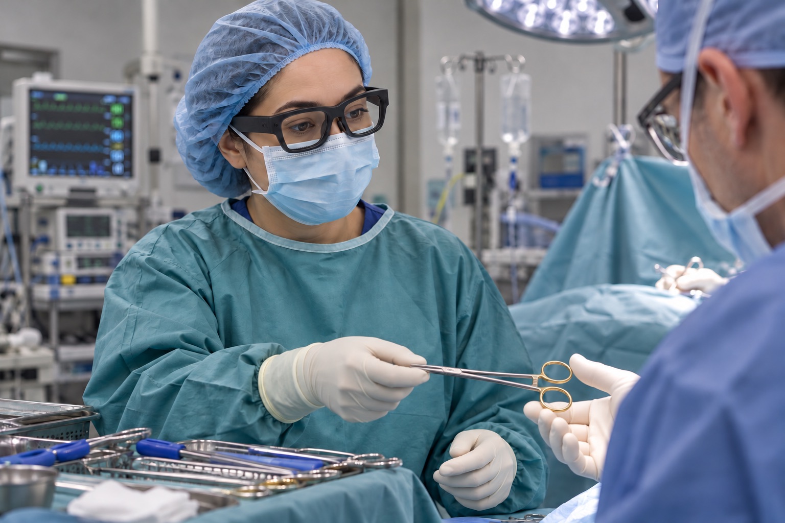 A scrub nurse wearing smart glasses passes an instrument to the surgeon