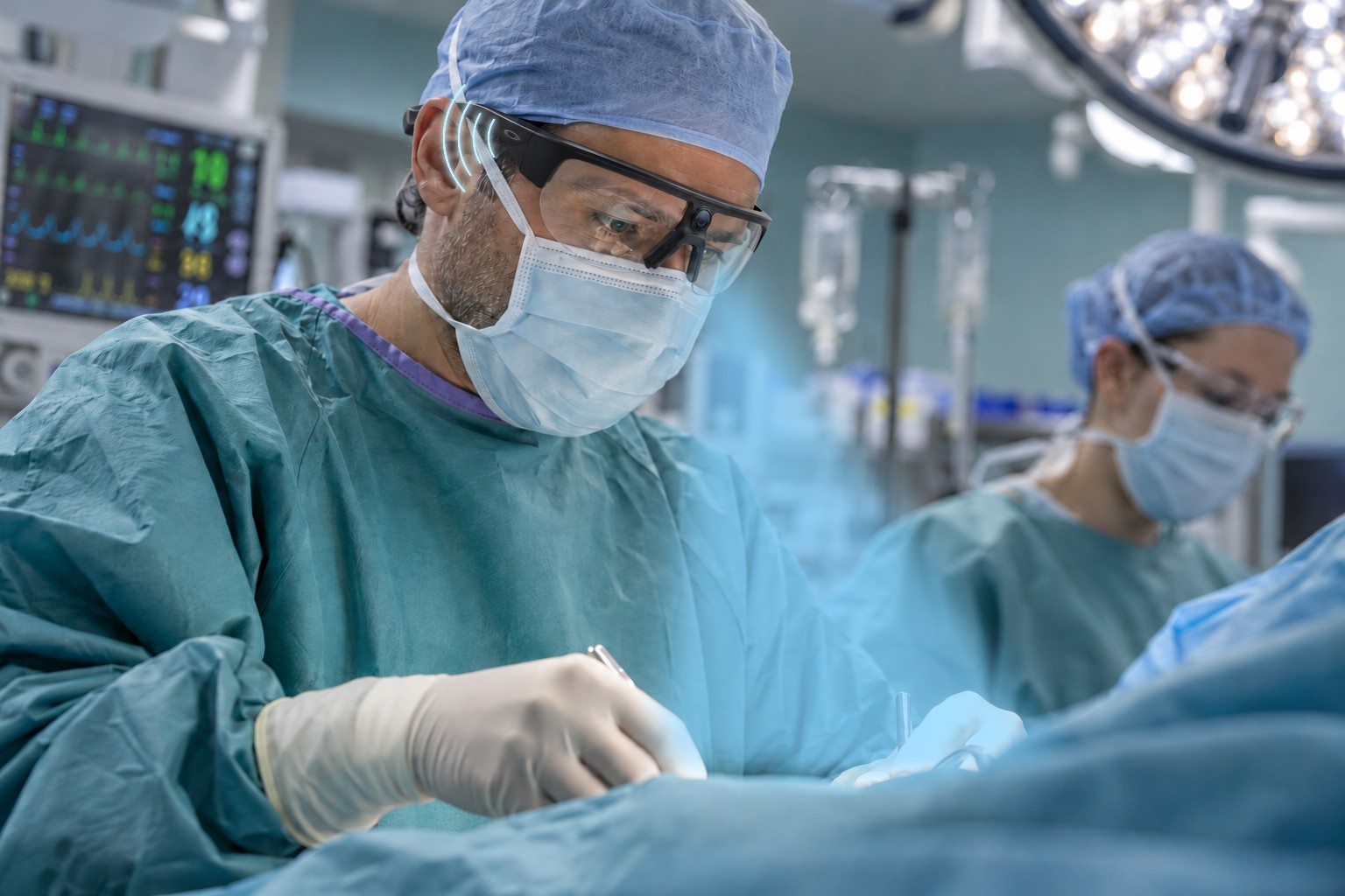 A surgeon operating while wearing smart glasses with microphones and a camera in the frame